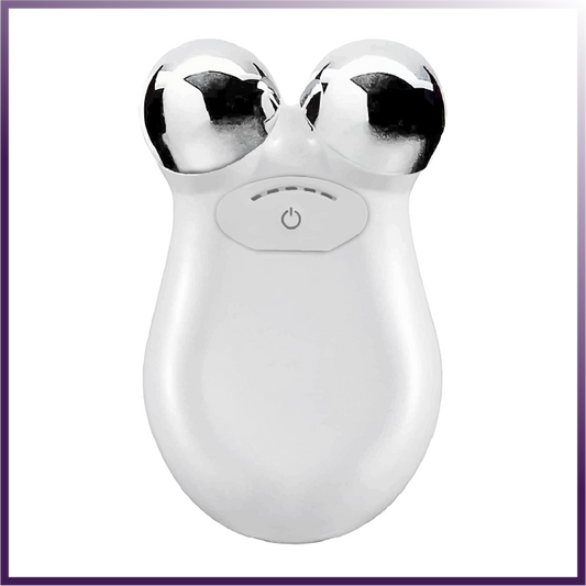 Microcurrent Facial Toning Massager front view – white ergonomic body with dual chrome spheres