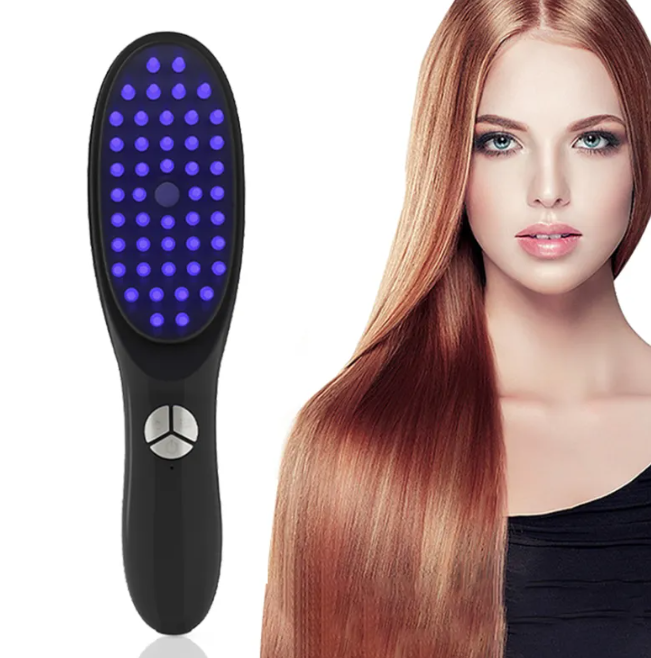 Electric Scalp Massager and Hair Growth Comb top-down view – blue LED light therapy dots and three-button control for scalp massage and hair regrowth