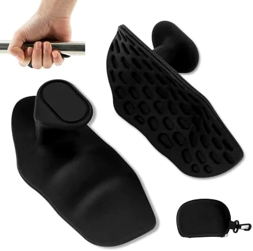 Grip Strengthener Spring Grip Finger Exerciser black silicone pad front and back view with carry case – anti-slip suction cup base