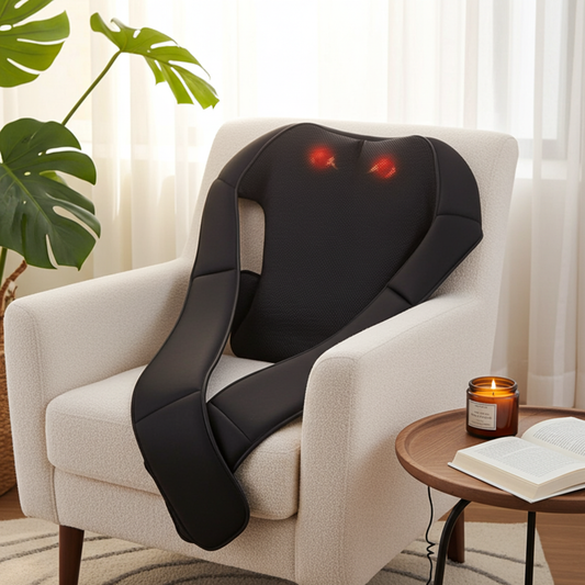 Neck and Shoulder Massager with Heat on white armchair beside monstera plant and candle – Ecowellness Essentials