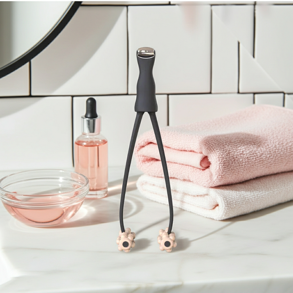 Ice Massage Roller Face Lifting and Eye Soother on marble bathroom counter with facial serum and pink towels – Ecowellness Essentials