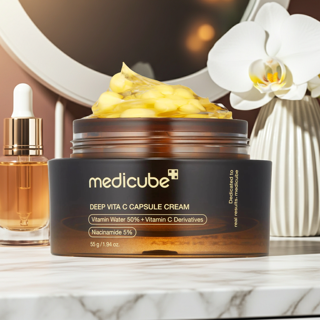 Medicube Deep Vita C Capsule Cream open jar on marble vanity with serum dropper and white orchid – Vitamin C and Niacinamide 5% brightening moisturiser