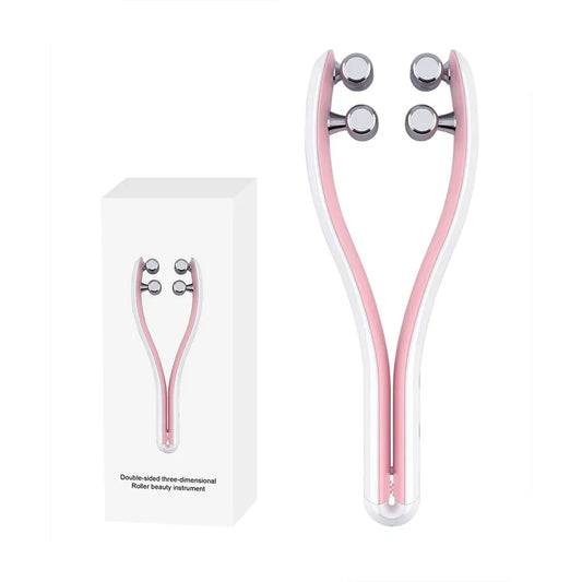 3D Y-Shape Face Lifting Roller pink with retail box on white background – double-sided microcurrent facial massager for chin lift and face contouring