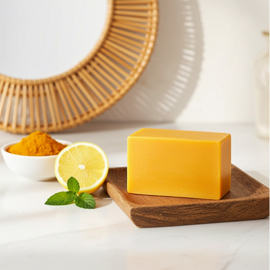 Lemon Turmeric Kojic Soap bar on wooden tray with turmeric powder, lemon slice and mint leaves – brightening and deep cleansing soap