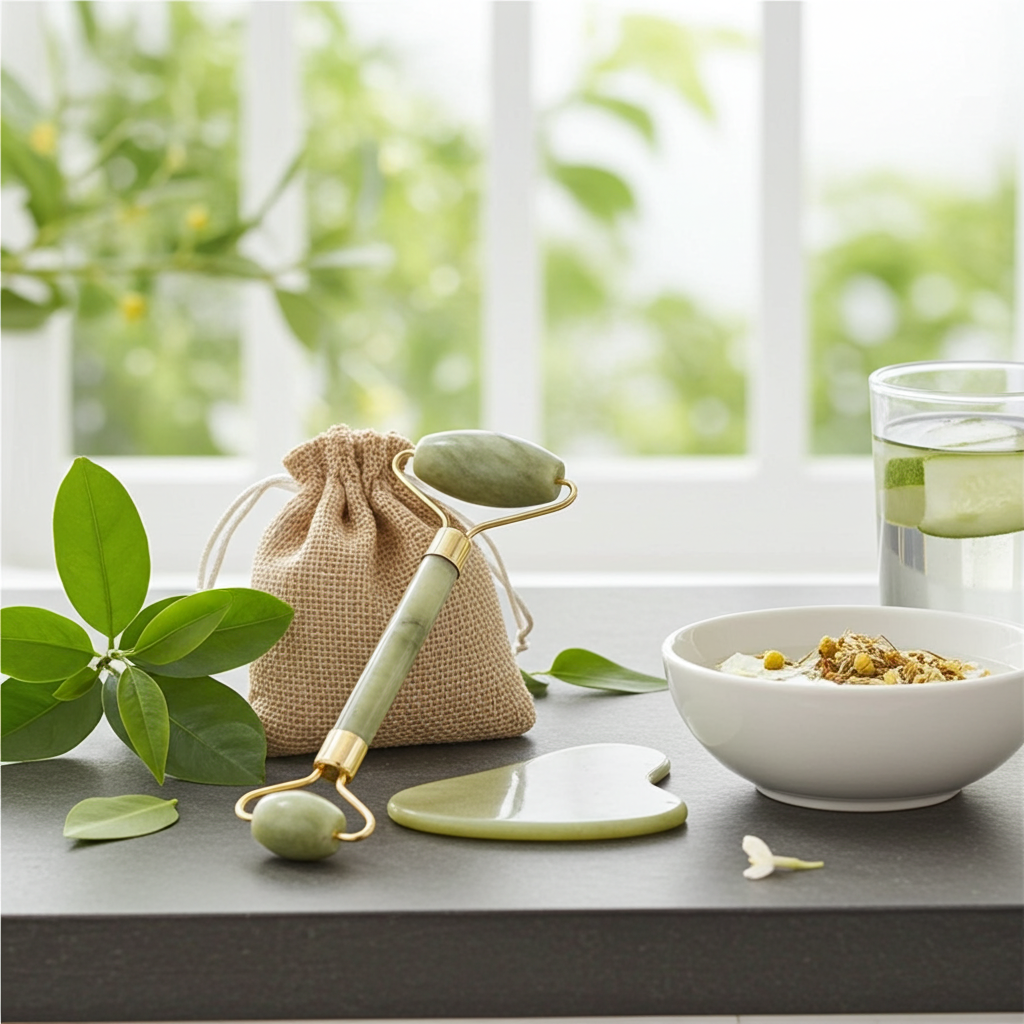 Jade Facial Roller and Gua Sha Scraping Tool with linen pouch, fresh green leaves and chamomile bowl by window – 100% natural jade stone facial massager for all skin types