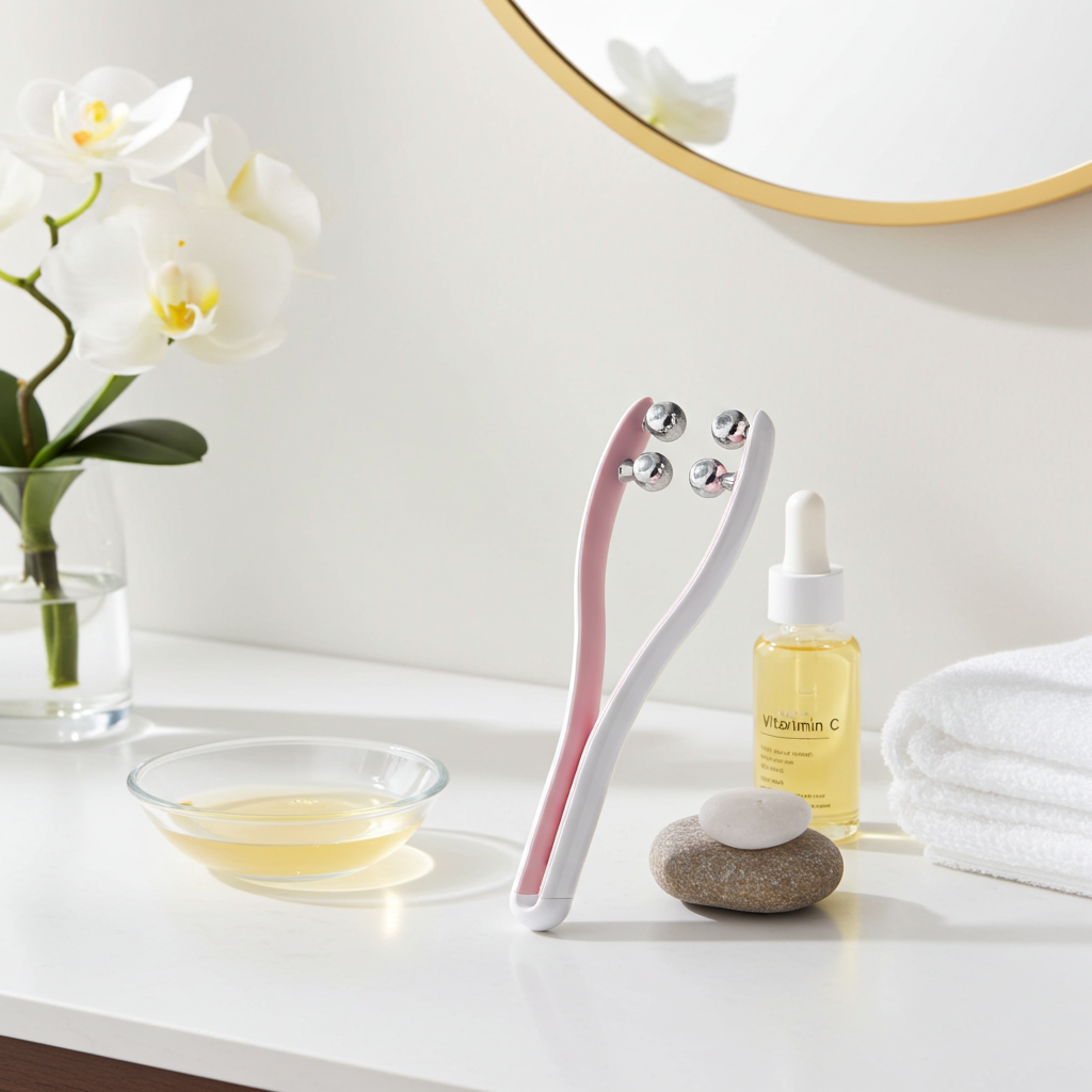 3D Y-Shape Face Lifting Roller pink on white vanity with Vitamin C serum, white orchid and gold mirror – EMS microcurrent facial massager for face lifting and contouring