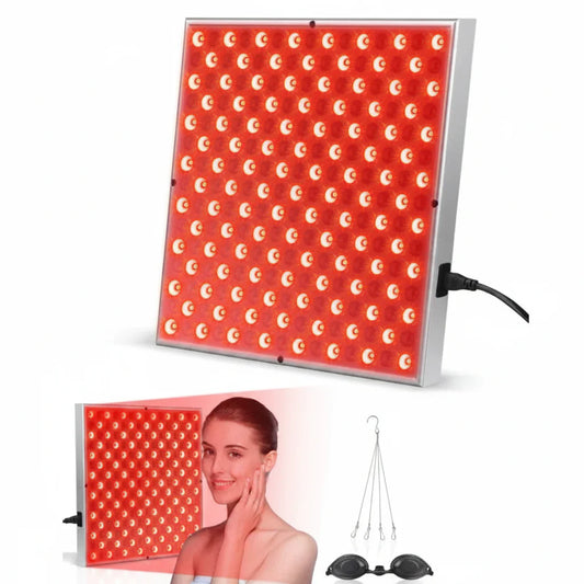 LED Red Light Therapy Panel Lamp lit up on white background with woman using it on face – includes hanging kit and protective goggles for facial anti-ageing and skin care