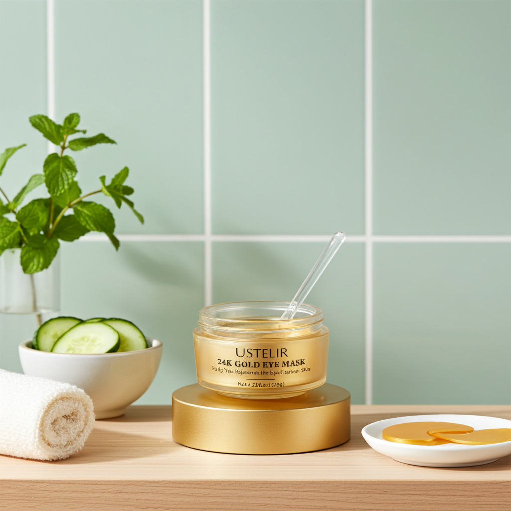 USTELIR 24K Gold Eye Mask open jar on wooden counter with cucumber slices, fresh mint and white towel – 40 pairs collagen eye patches to reduce puffiness and dark circles