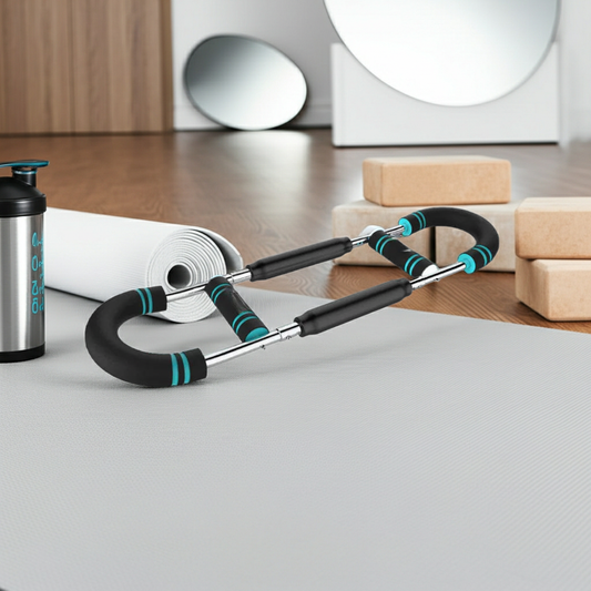 Multifunctional Home Arm Strengthener teal on yoga mat with water bottle and yoga blocks – adjustable resistance chest expander