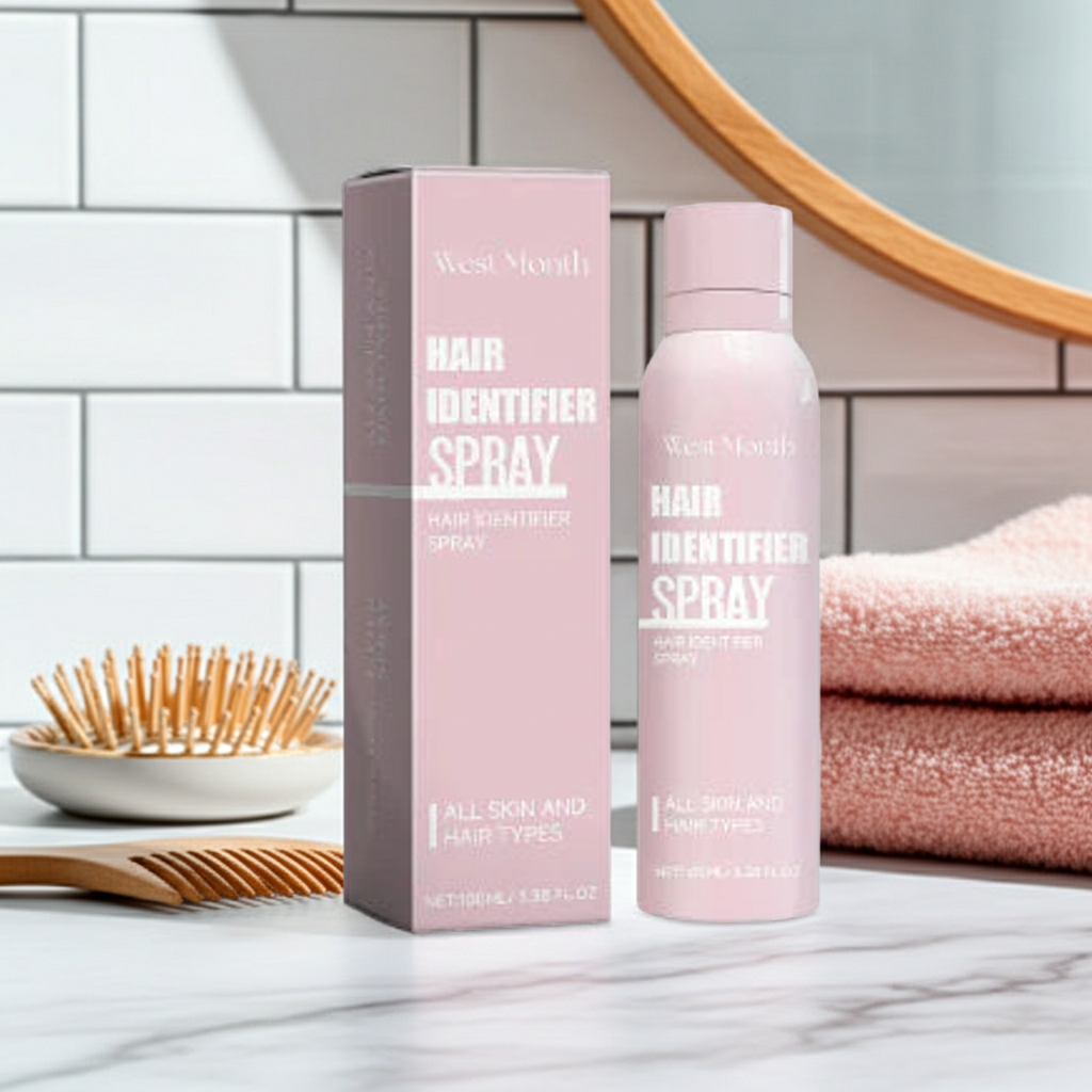 Hair Identifier Spray pink bottle and box on marble bathroom counter with wooden brush and pink towels – all skin and hair types