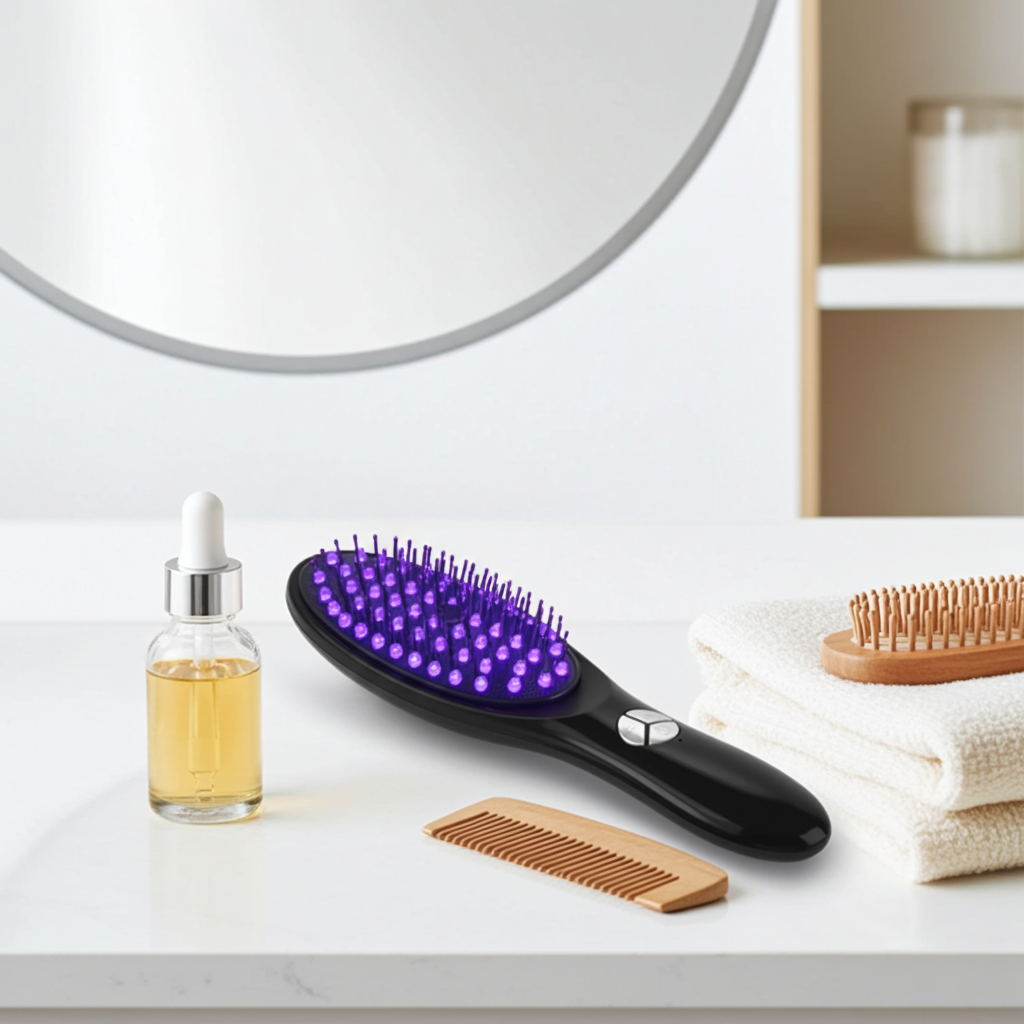 Electric Scalp Massager and Hair Growth Comb on white marble with pink flowers and hair serum – blue LED scalp massager for hair regrowth and oil absorption