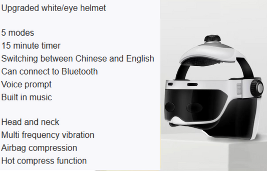 Electric Eye and Head Massager with Heat Therapy white helmet on white background – full-wrap airbag head and eye massager with wireless touch control