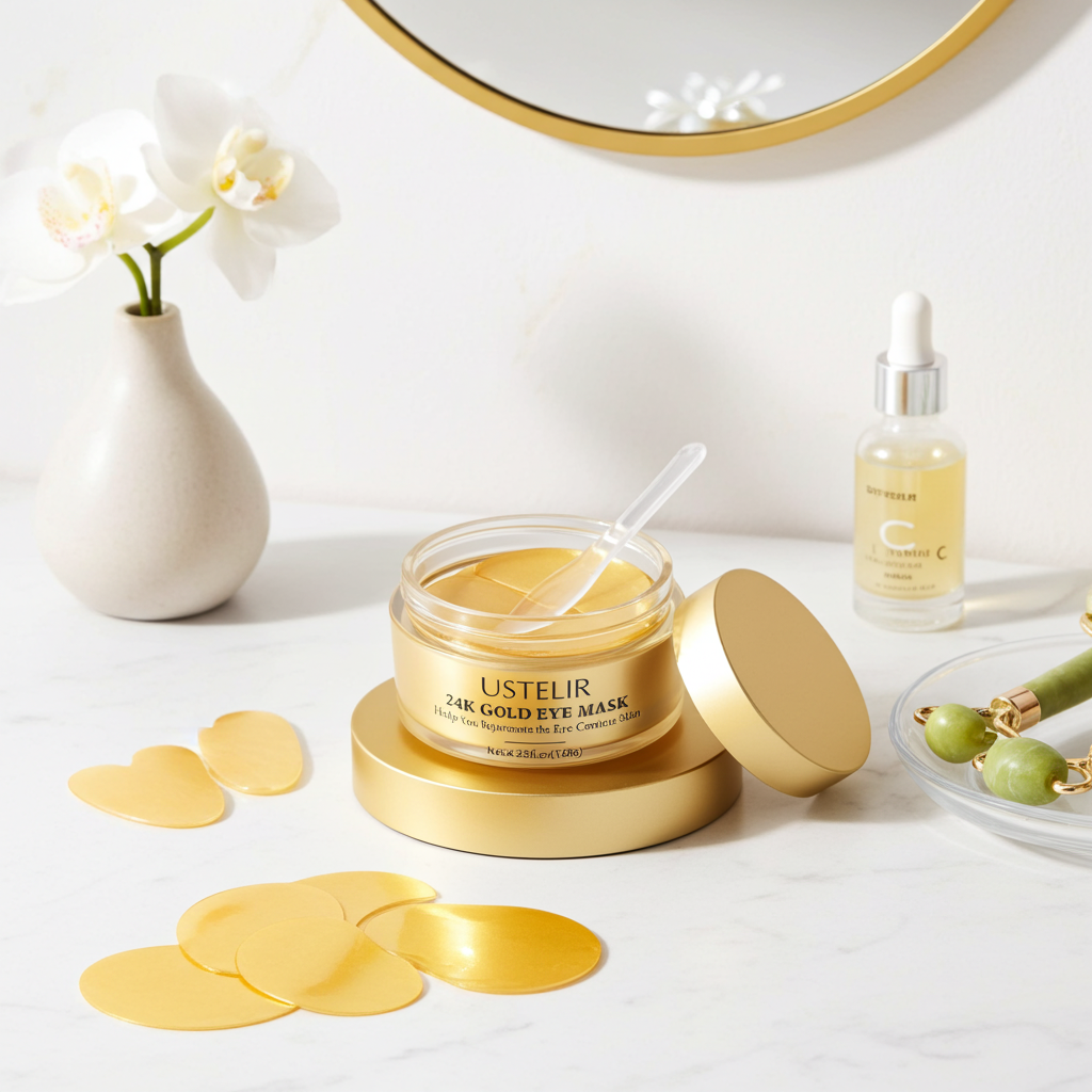 USTELIR 24K Gold Eye Mask open jar on marble vanity with gold eye patches, Vitamin C serum, jade roller and white orchid – 40 pairs collagen under eye patches for skin rejuvenation