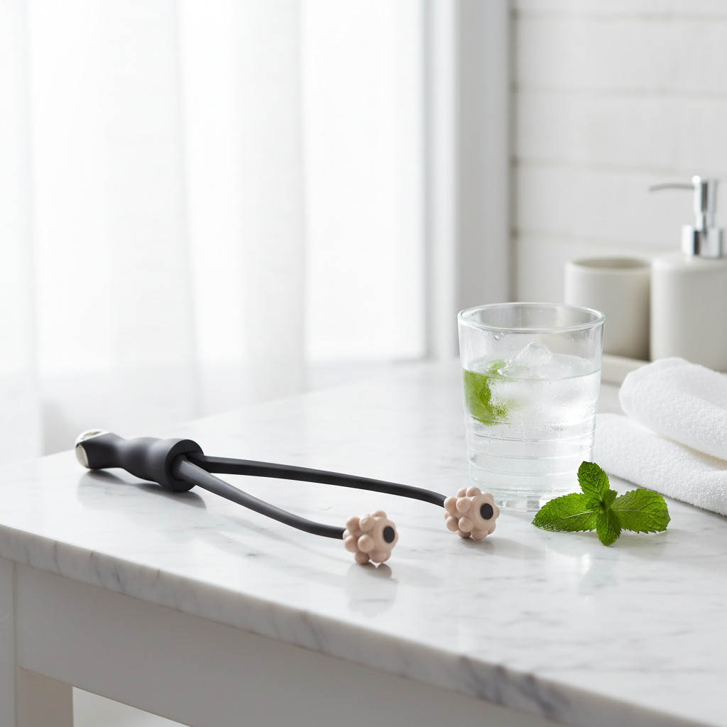 Ice massage roller on marble counter with ice water, mint leaves and white towel