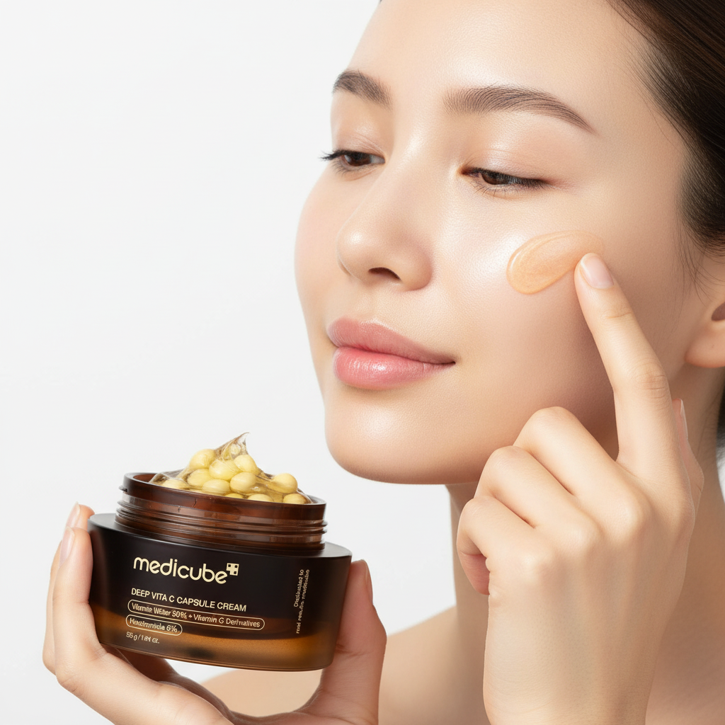 Woman applying Medicube Vitamin C capsule cream for glowing radiant skin