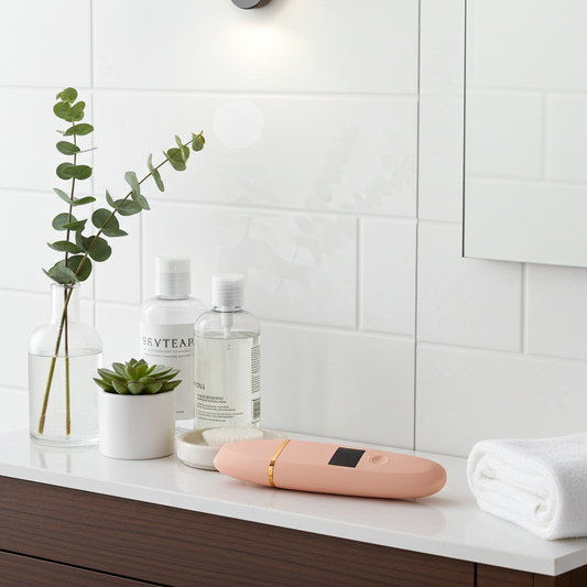 Ultrasonic Skin Scrubber white on white marble with facial serum, jade roller and white orchid – ultrasonic spatula for deep pore cleansing and skin lifting