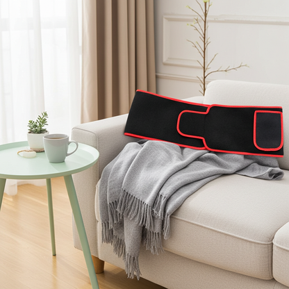 LED Infrared Belt Therapy Device red trim on white sofa with grey throw blanket – red light and infrared heat therapy wrap for pain relief and body slimming