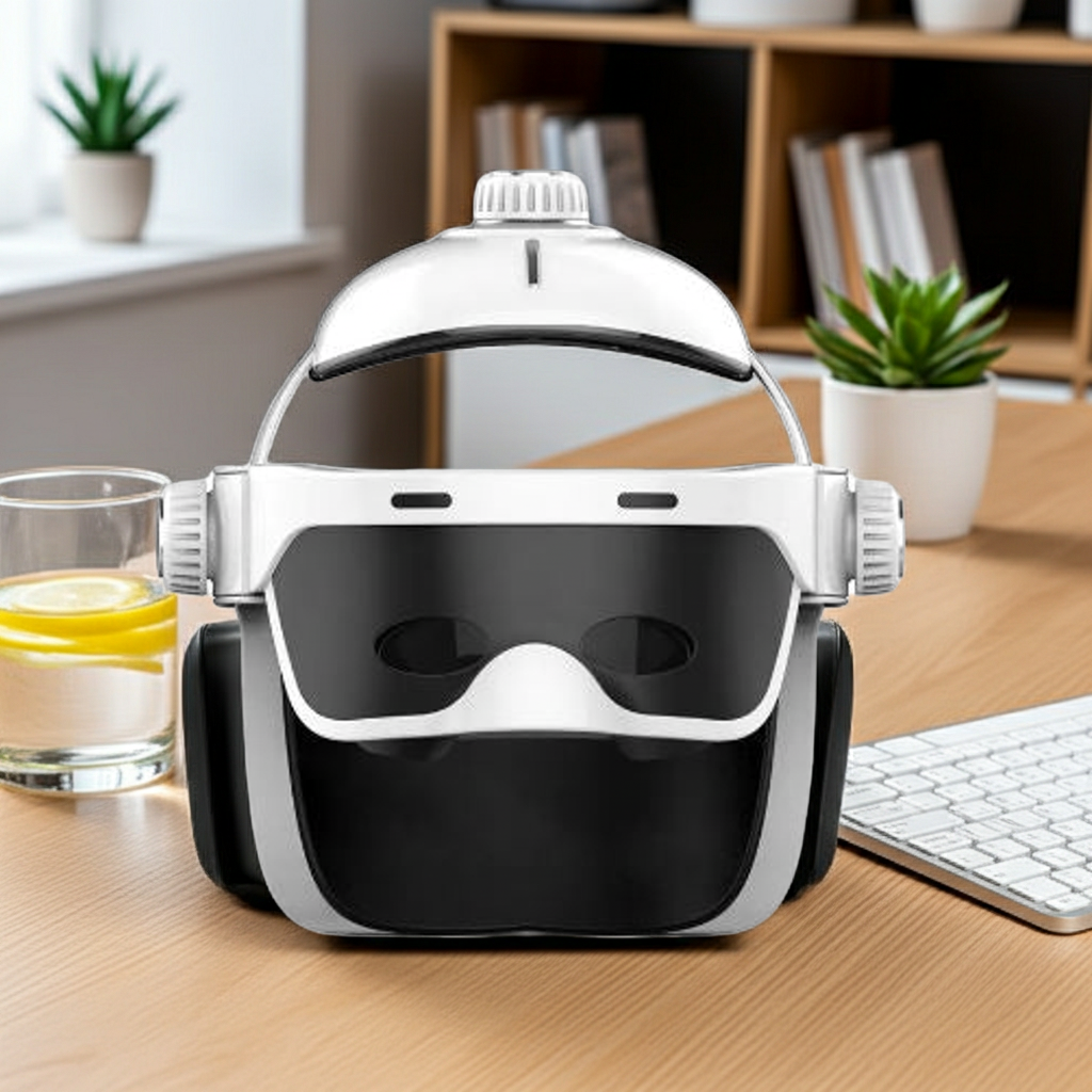 Electric Eye and Head Massager with Heat Therapy on wooden office desk with lemon water and keyboard – wireless full-wrap airbag head and eye massager for stress relief and relaxation