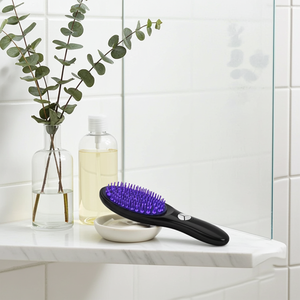 Electric Scalp Massager and Hair Growth Comb on wooden surface with green leaves and eucalyptus – blue LED light therapy comb for hair growth and scalp stimulation